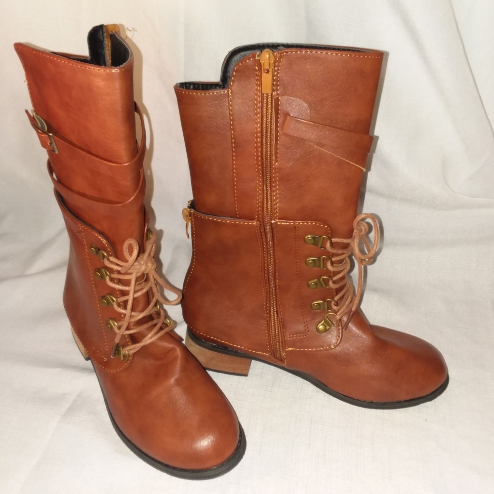 Brown Zip Up Lace Up Faux Leather Combat Moto Style Boots Women's Sz 37 US 6 EUC